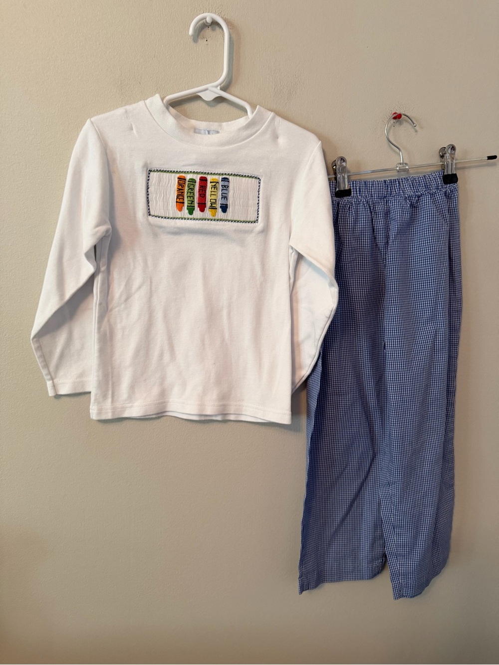 Vive La Fete Smocked Crayon Top with Blue Gingham Pants